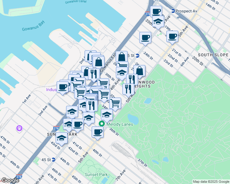 map of restaurants, bars, coffee shops, grocery stores, and more near 181 32nd Street in Brooklyn