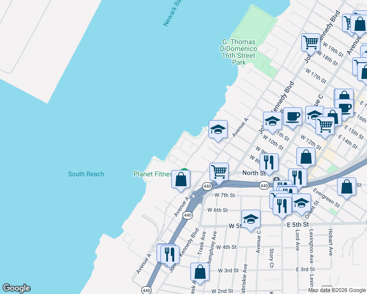map of restaurants, bars, coffee shops, grocery stores, and more near 13 Schuyler Place West in Bayonne
