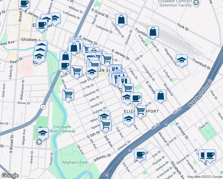 map of restaurants, bars, coffee shops, grocery stores, and more near 16 John Street in Elizabeth