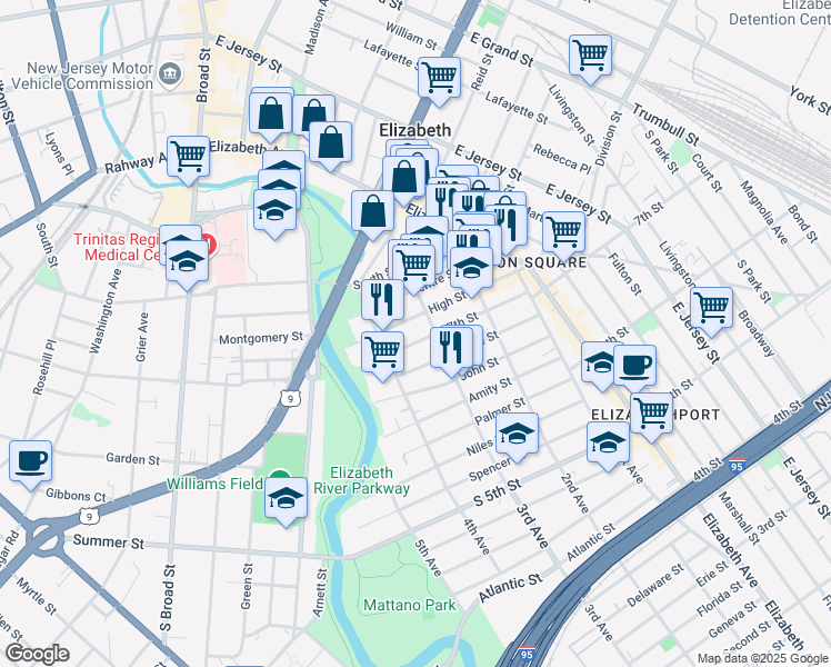 map of restaurants, bars, coffee shops, grocery stores, and more near 321 Christine Street in Elizabeth