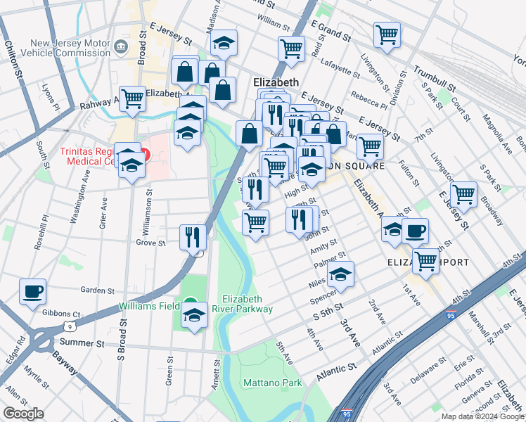 map of restaurants, bars, coffee shops, grocery stores, and more near 702 4th Avenue in Elizabeth