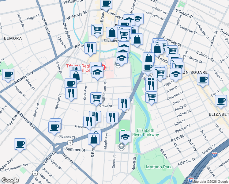 map of restaurants, bars, coffee shops, grocery stores, and more near 635 Devine Avenue in Elizabeth