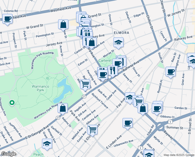 map of restaurants, bars, coffee shops, grocery stores, and more near 16 Pershing Avenue in Elizabeth