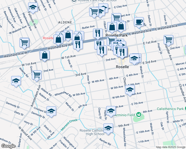 map of restaurants, bars, coffee shops, grocery stores, and more near 242 West 4th Avenue in Roselle
