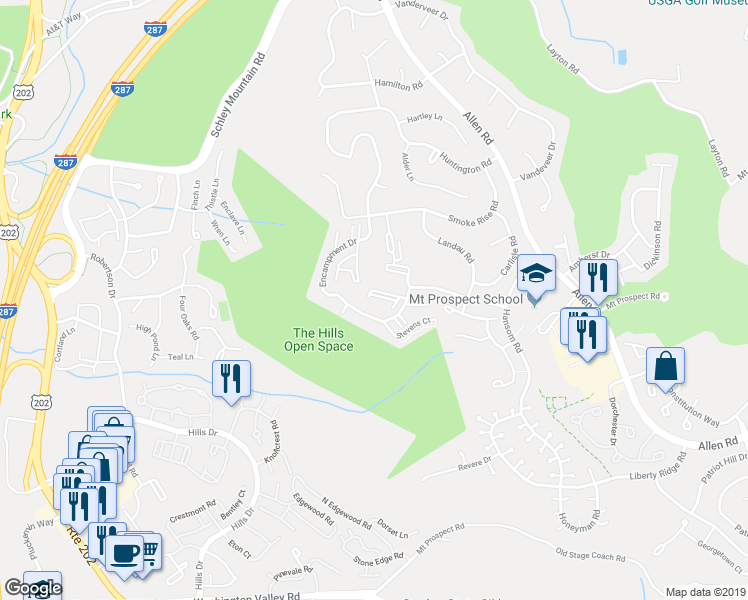map of restaurants, bars, coffee shops, grocery stores, and more near 86 Encampment Drive in Bedminster