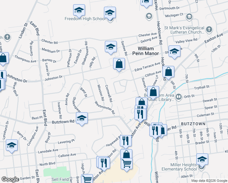 map of restaurants, bars, coffee shops, grocery stores, and more near 3000 Millstone Drive in Bethlehem
