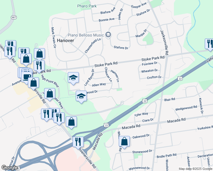 map of restaurants, bars, coffee shops, grocery stores, and more near 1515 Kenwood Drive in Bethlehem