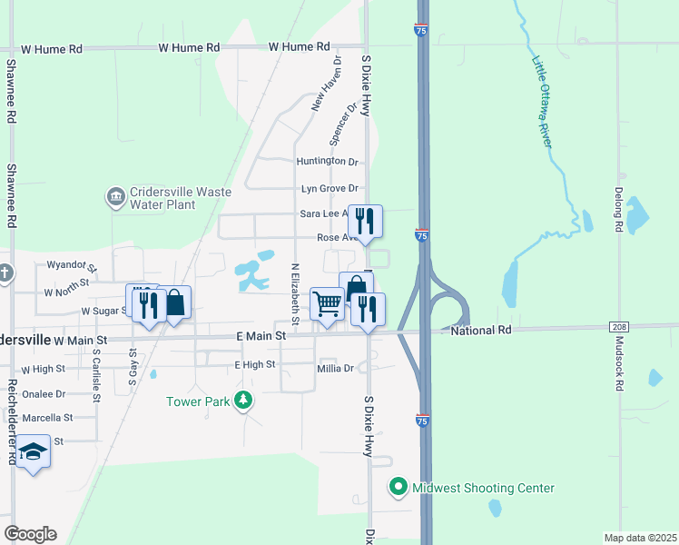 map of restaurants, bars, coffee shops, grocery stores, and more near 5330 South Dixie Highway in Cridersville