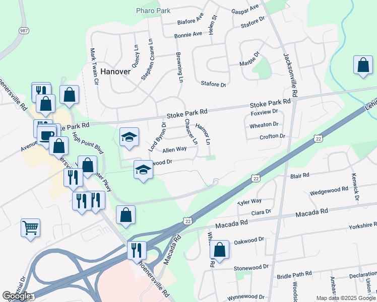 map of restaurants, bars, coffee shops, grocery stores, and more near 1515 Kenwood Drive in Bethlehem
