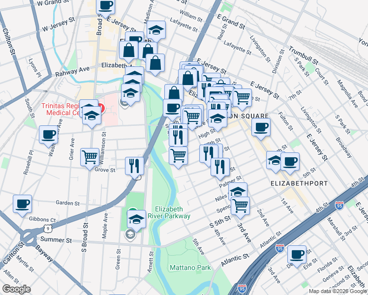 map of restaurants, bars, coffee shops, grocery stores, and more near 702 4th Avenue in Elizabeth