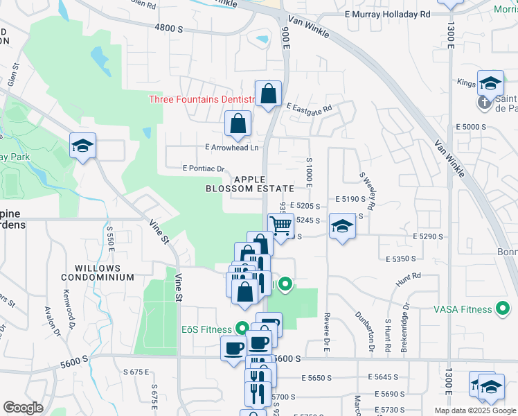 map of restaurants, bars, coffee shops, grocery stores, and more near 5300 900 East in Salt Lake City