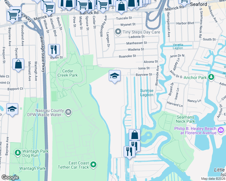 map of restaurants, bars, coffee shops, grocery stores, and more near 3500 Bayview Street in Seaford
