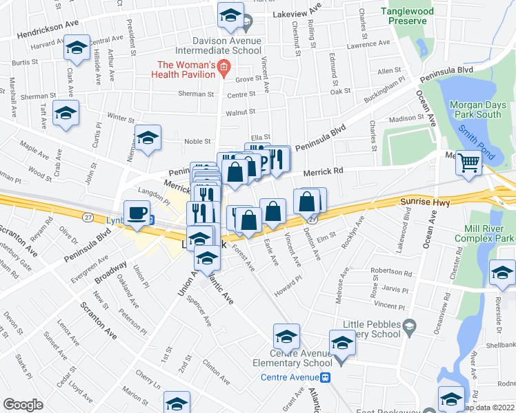 map of restaurants, bars, coffee shops, grocery stores, and more near 190 Earle Avenue in Lynbrook