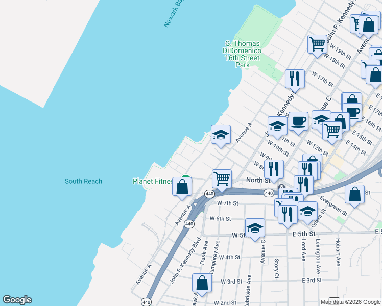 map of restaurants, bars, coffee shops, grocery stores, and more near 2 Boatworks Drive in Bayonne