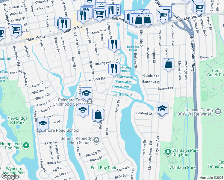 map of restaurants, bars, coffee shops, grocery stores, and more near 2725 Bellmore Avenue in Bellmore