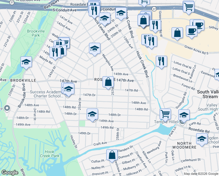 map of restaurants, bars, coffee shops, grocery stores, and more near 255-43 147th Drive in Queens