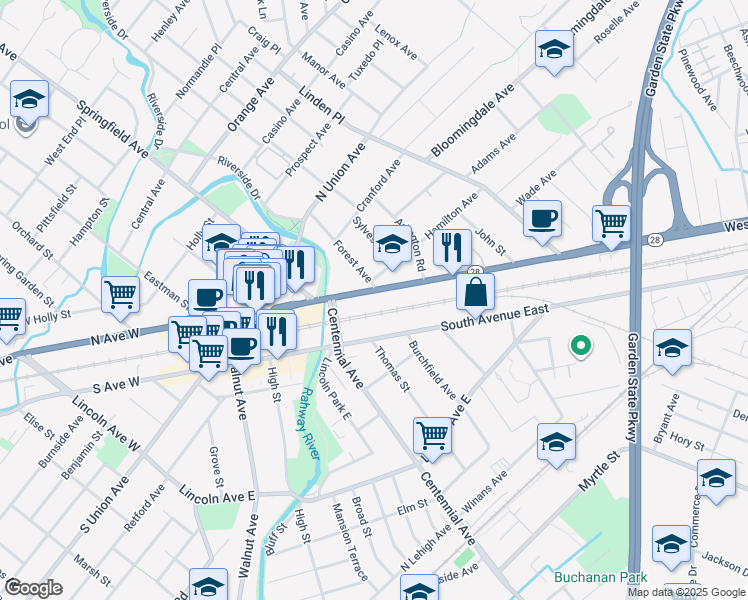 map of restaurants, bars, coffee shops, grocery stores, and more near 505 South Avenue East in Cranford
