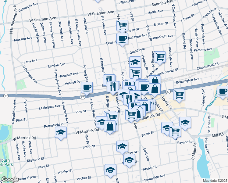 map of restaurants, bars, coffee shops, grocery stores, and more near 127 Sunrise Highway in Freeport