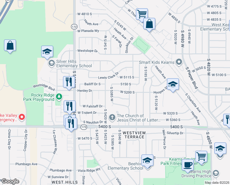 map of restaurants, bars, coffee shops, grocery stores, and more near 5365 West 5200 South in Salt Lake City