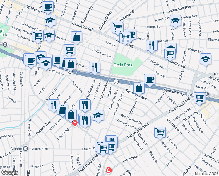 map of restaurants, bars, coffee shops, grocery stores, and more near 31 High Street in Valley Stream