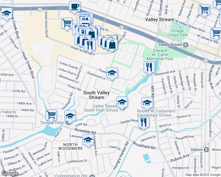 map of restaurants, bars, coffee shops, grocery stores, and more near 16 Forest Road in Valley Stream
