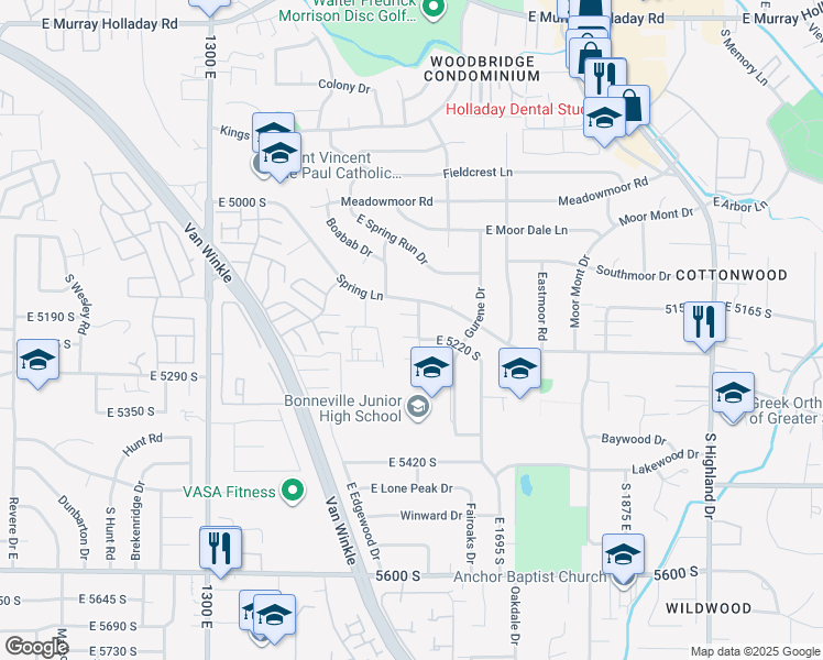 map of restaurants, bars, coffee shops, grocery stores, and more near 5202 Saddleback Drive in Salt Lake City