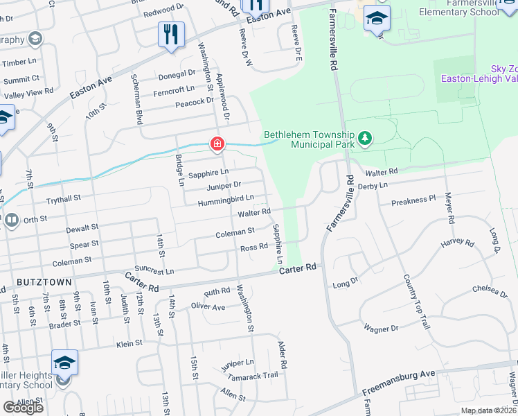 map of restaurants, bars, coffee shops, grocery stores, and more near 4130 Walter Road in Bethlehem