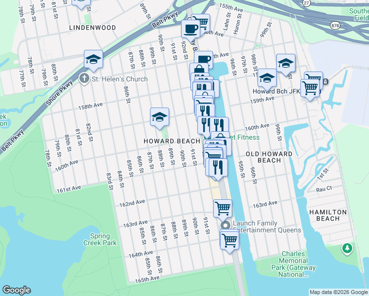 map of restaurants, bars, coffee shops, grocery stores, and more near 160-39 90th Street in Queens