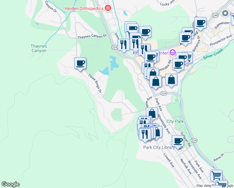 map of restaurants, bars, coffee shops, grocery stores, and more near 1500 Three Kings Drive in Park City