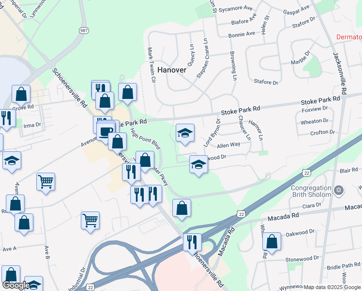 map of restaurants, bars, coffee shops, grocery stores, and more near 1650 Kenwood Drive in Bethlehem