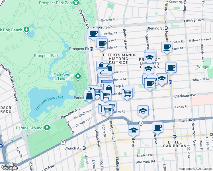 map of restaurants, bars, coffee shops, grocery stores, and more near 681 Flatbush Avenue in Brooklyn