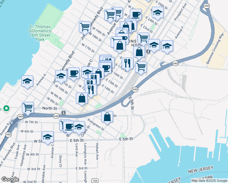 map of restaurants, bars, coffee shops, grocery stores, and more near 74 Avenue E in Bayonne