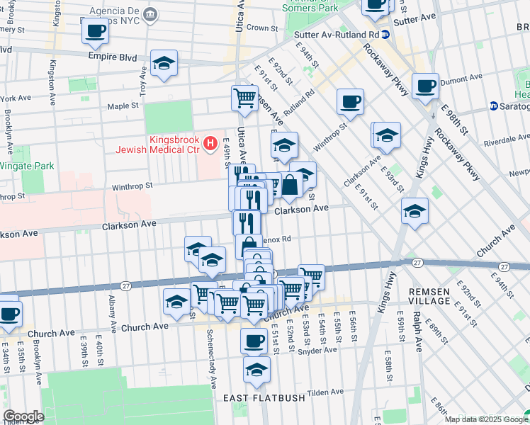 map of restaurants, bars, coffee shops, grocery stores, and more near Clarkson Ave & E 51st St in Brooklyn