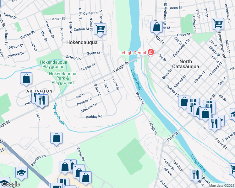 map of restaurants, bars, coffee shops, grocery stores, and more near 3347 South Front Street in Hokendauqua