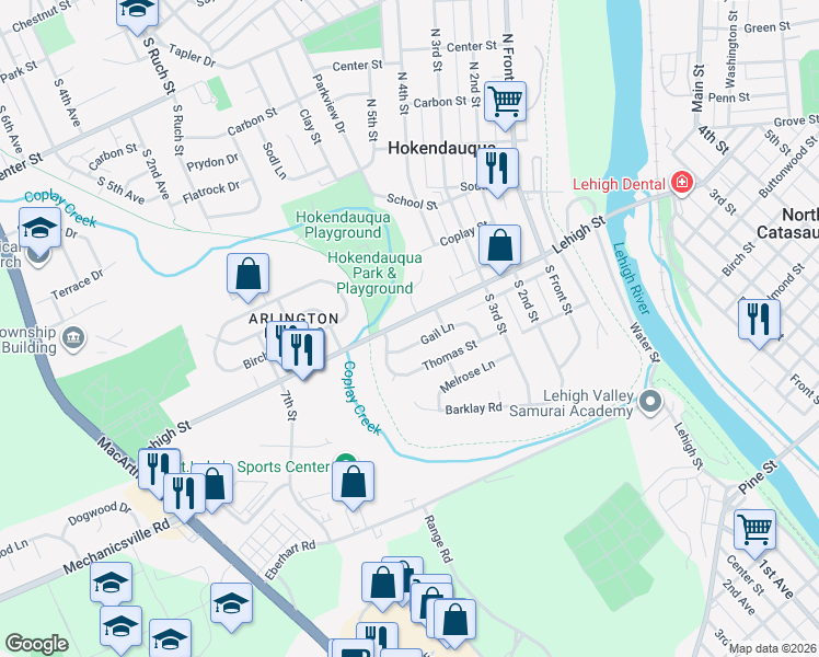 map of restaurants, bars, coffee shops, grocery stores, and more near 3432 Gail Lane in Hokendauqua