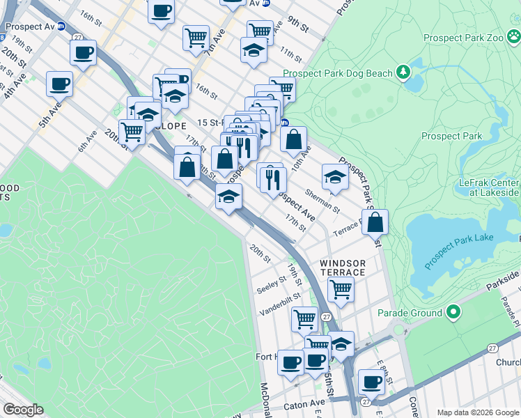 map of restaurants, bars, coffee shops, grocery stores, and more near 581 1/2 18th Street in Brooklyn