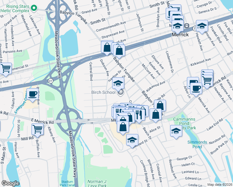 map of restaurants, bars, coffee shops, grocery stores, and more near 1770 Berkshire Road in Merrick