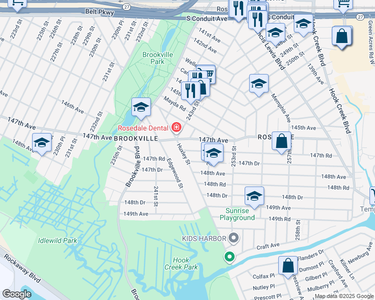 map of restaurants, bars, coffee shops, grocery stores, and more near 147-77 Huxley Street in Queens