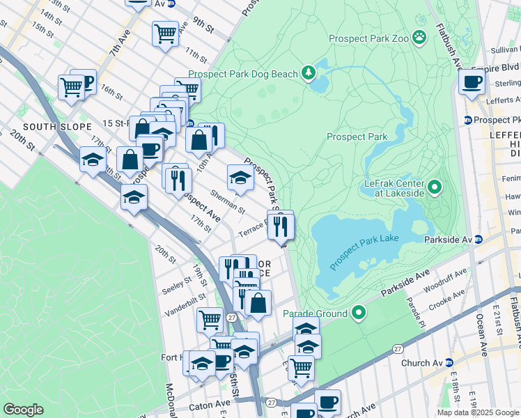 map of restaurants, bars, coffee shops, grocery stores, and more near 84 Sherman Street in Brooklyn