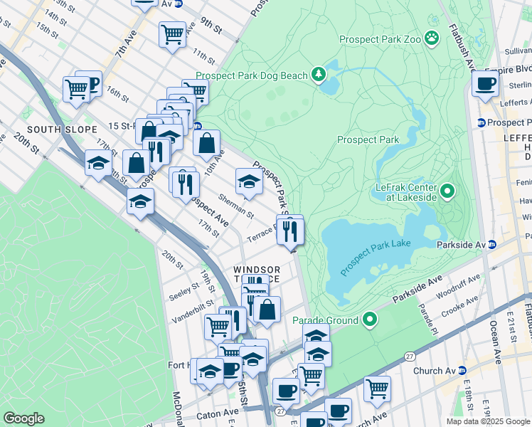 map of restaurants, bars, coffee shops, grocery stores, and more near 84 Sherman Street in Brooklyn