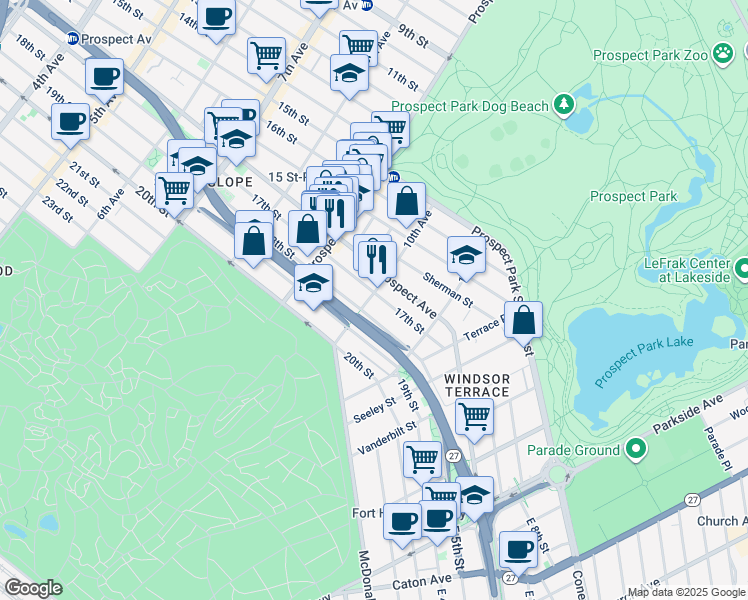 map of restaurants, bars, coffee shops, grocery stores, and more near 581 1/2 18th Street in Brooklyn