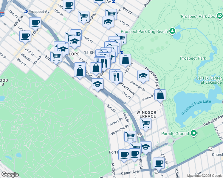 map of restaurants, bars, coffee shops, grocery stores, and more near 581 1/2 18th Street in Brooklyn