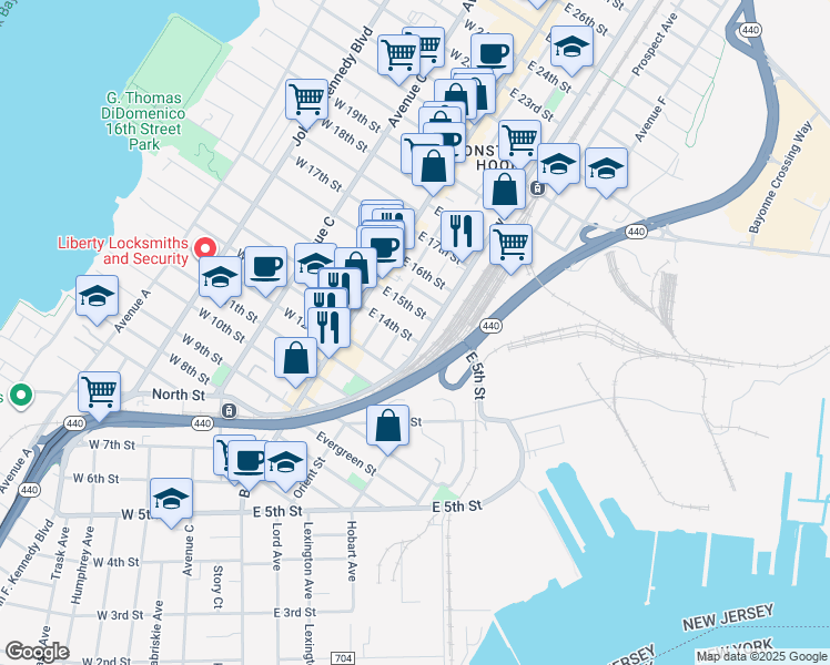 map of restaurants, bars, coffee shops, grocery stores, and more near 74 Avenue E in Bayonne