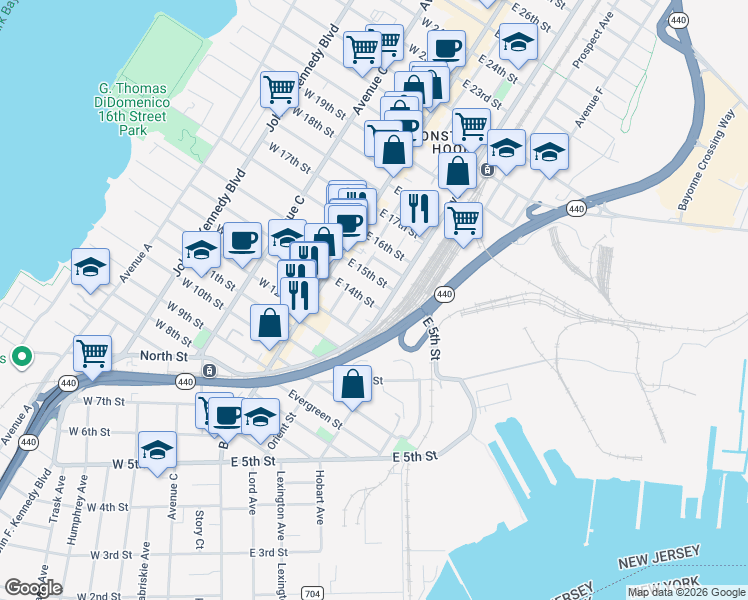 map of restaurants, bars, coffee shops, grocery stores, and more near 74 Avenue E in Bayonne