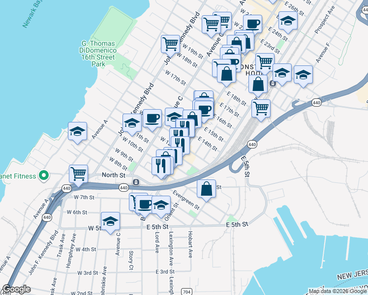 map of restaurants, bars, coffee shops, grocery stores, and more near 266 Broadway in Bayonne