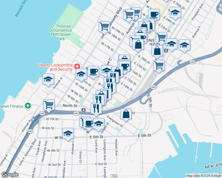 map of restaurants, bars, coffee shops, grocery stores, and more near 7 West 11th Street in Bayonne