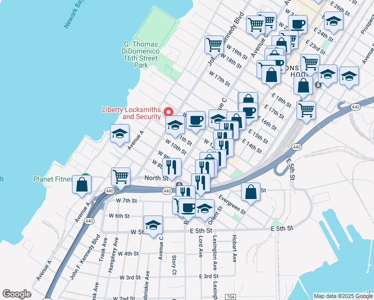 map of restaurants, bars, coffee shops, grocery stores, and more near 257 Avenue C in Bayonne