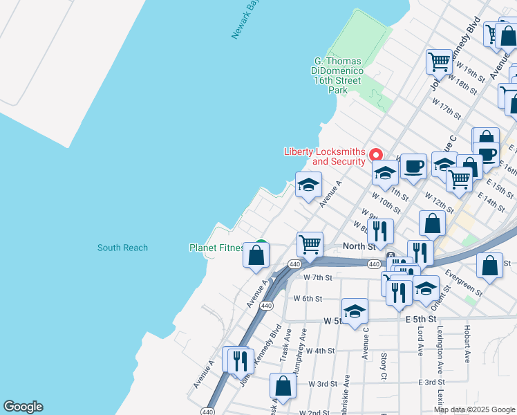 map of restaurants, bars, coffee shops, grocery stores, and more near 13 Schuyler Place West in Bayonne