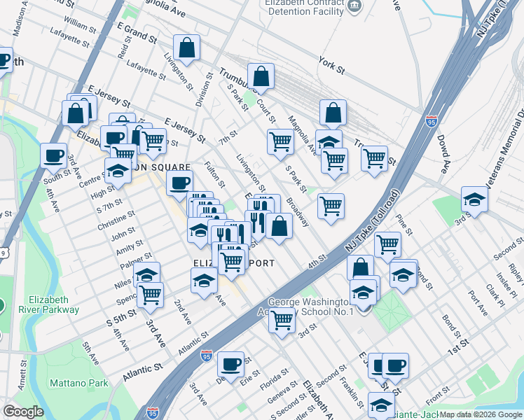 map of restaurants, bars, coffee shops, grocery stores, and more near 517 Fulton Street in Elizabeth