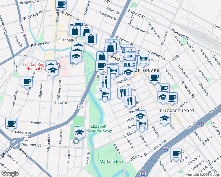 map of restaurants, bars, coffee shops, grocery stores, and more near 321 Christine Street in Elizabeth